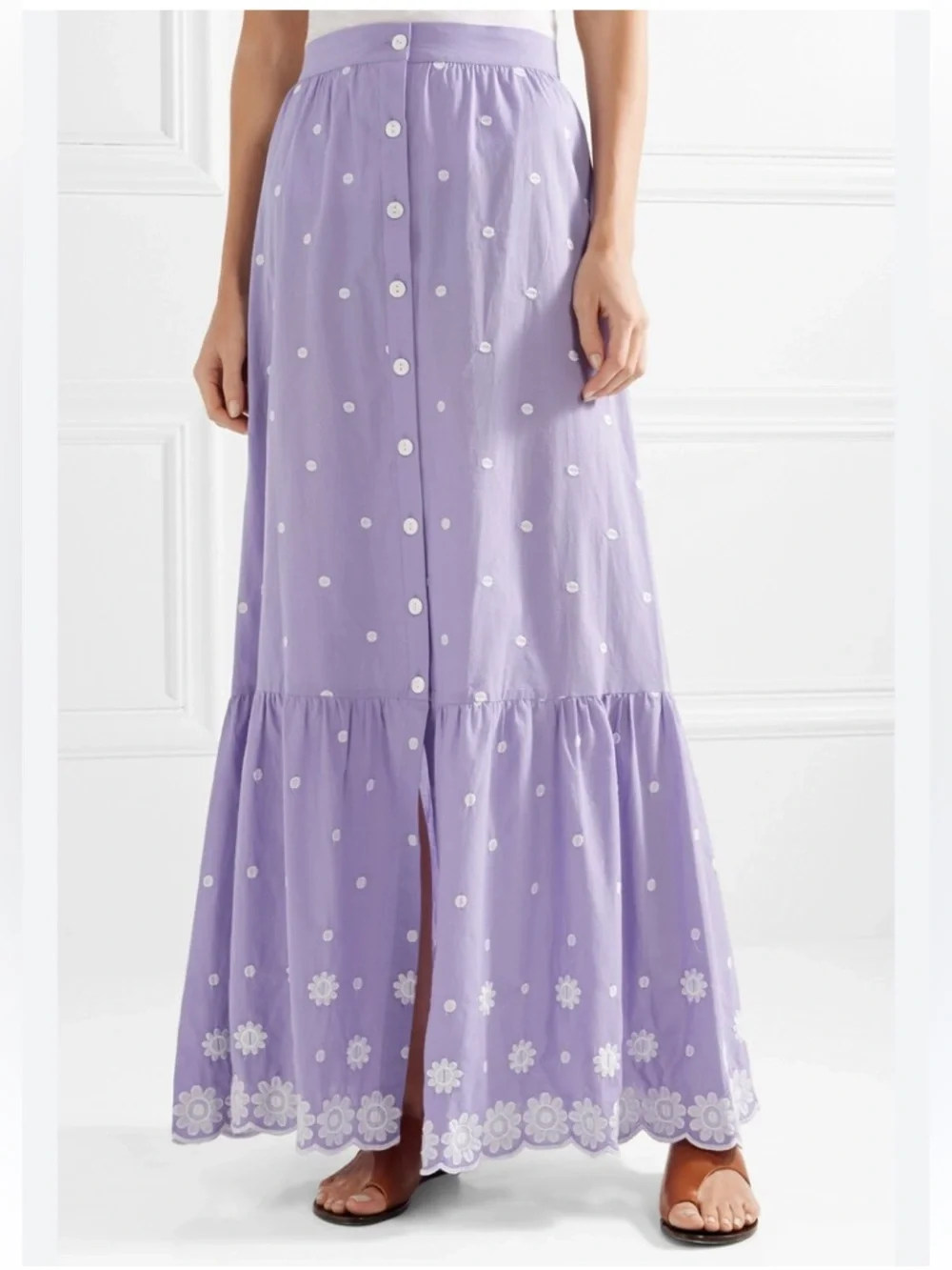 Miguelina Aiden  Button Down Embroidered Cotton-voile Maxi Skirt Lilac Size XS - Picture 2 of 10